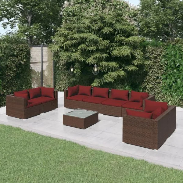 Set mobilier de grădină cu perne, 9 piese, maro, poliratan