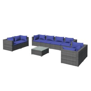 Set mobilier de grădină cu perne, 9 piese, gri, poliratan