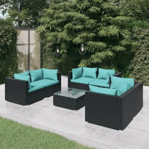 Set mobilier de grădină cu perne, 7 piese, negru, poliratan