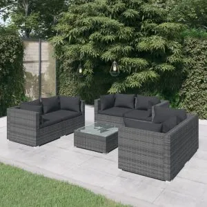 Set mobilier de grădină cu perne, 7 piese, gri, poliratan