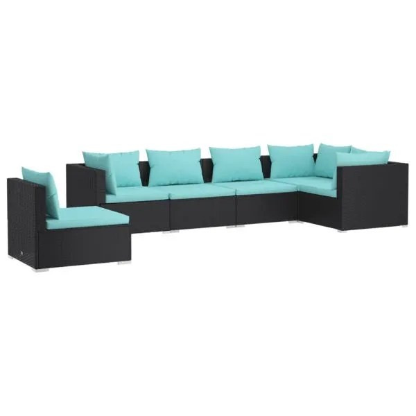 Set mobilier de grădină cu perne, 6 piese, negru, poliratan
