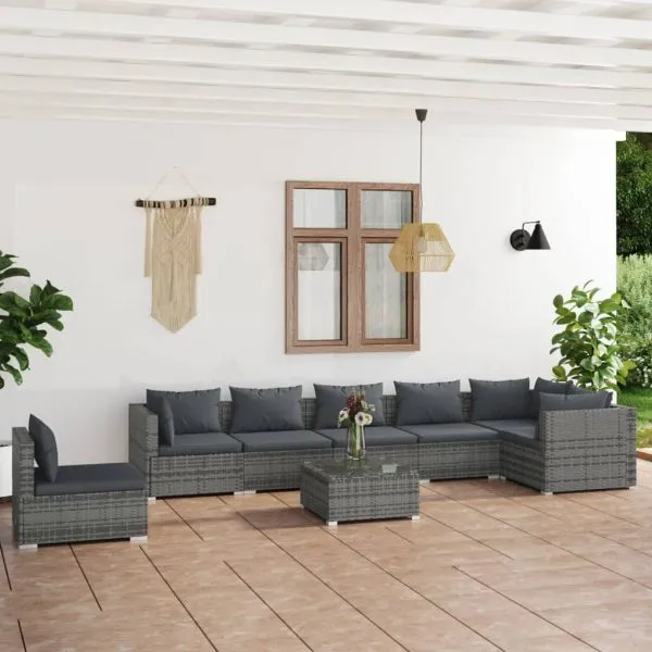 Set mobilier de grădină cu perne, 8 piese, gri, poliratan