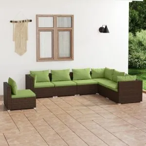 Set mobilier de grădină cu perne, 7 piese, maro, poliratan