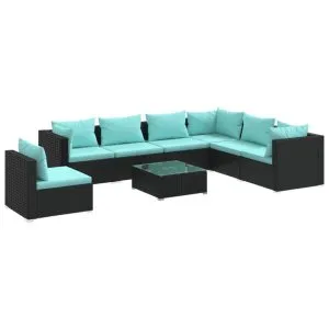 Set mobilier de grădină cu perne, 8 piese, negru, poliratan