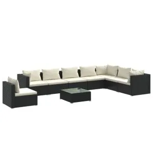 Set mobilier de grădină cu perne, 9 piese, negru, poliratan