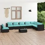Set mobilier de grădină cu perne, 9 piese, negru, poliratan