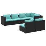 Set mobilier de grădină cu perne, 7 piese, negru, poliratan