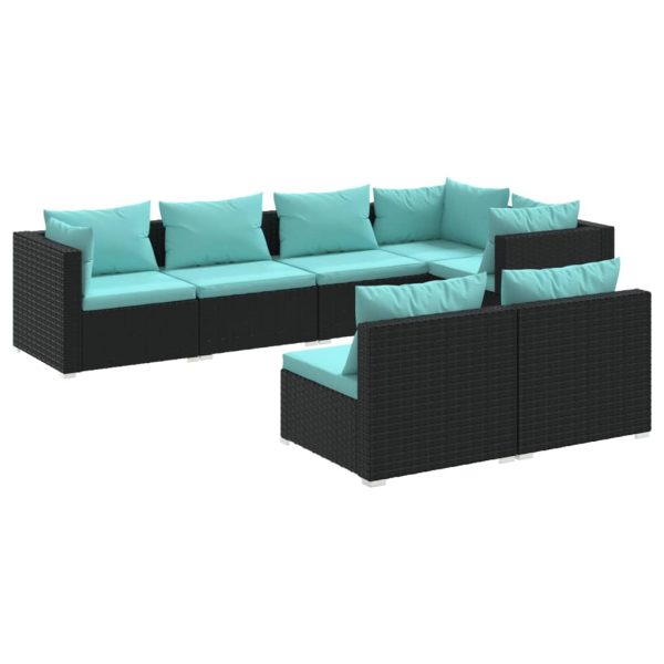 Set mobilier de grădină cu perne, 7 piese, negru, poliratan
