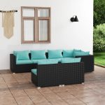 Set mobilier de grădină cu perne, 7 piese, negru, poliratan