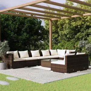 Set mobilier de grădină cu perne, 9 piese, maro, poliratan