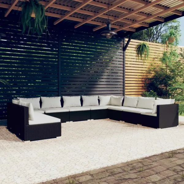 Set mobilier de grădină cu perne, 10 piese, negru, poliratan