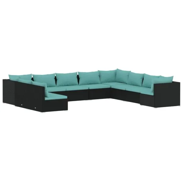 Set mobilier de grădină cu perne, 10 piese, negru, poliratan