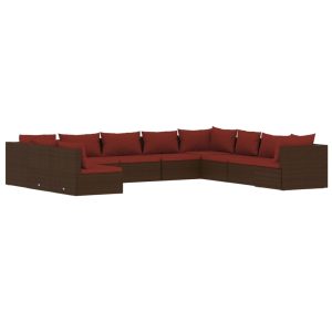 Set mobilier de grădină cu perne, 10 piese, maro, poliratan