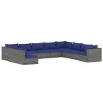 Set mobilier de grădină cu perne, 10 piese, gri, poliratan