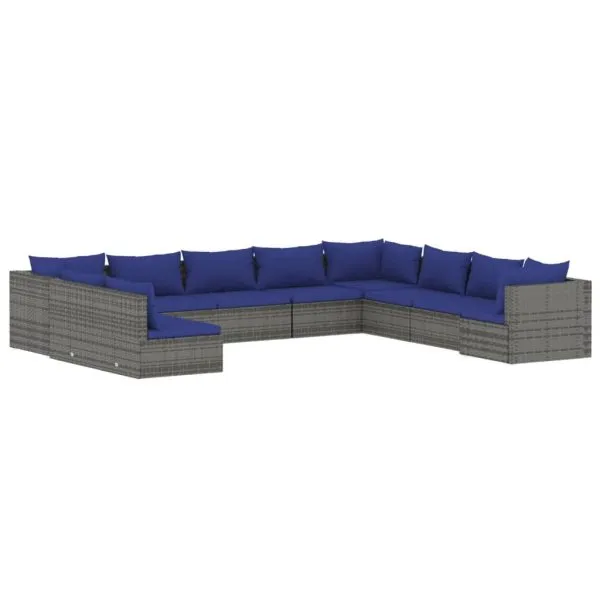 Set mobilier de grădină cu perne, 10 piese, gri, poliratan