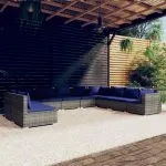 Set mobilier de grădină cu perne, 10 piese, gri, poliratan