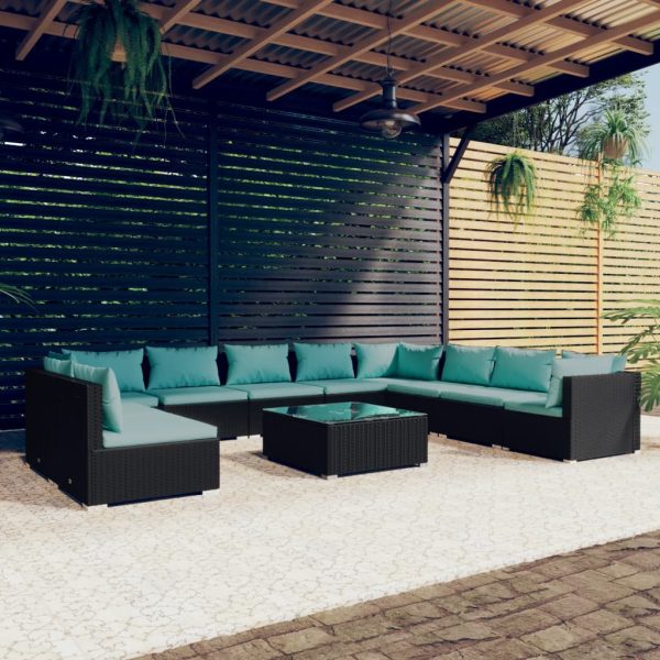 Set mobilier de grădină cu perne, 11 piese, negru, poliratan