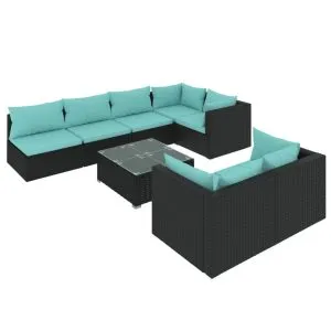 Set mobilier de grădină cu perne, 8 piese, negru, poliratan