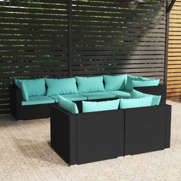 Set mobilier de grădină cu perne, 7 piese, negru, poliratan