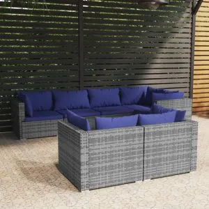 Set mobilier de grădină cu perne, 7 piese, gri, poliratan