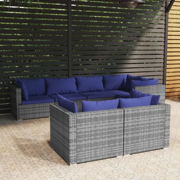 Set mobilier de grădină cu perne, 7 piese, gri, poliratan
