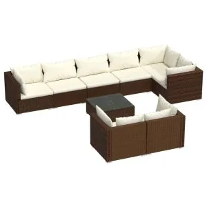 Set mobilier de grădină cu perne, 9 piese, maro, poliratan