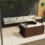 Set mobilier de grădină cu perne, 9 piese, maro, poliratan
