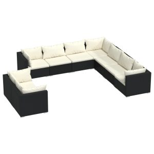 Set mobilier de grădină cu perne, 9 piese, negru, poliratan