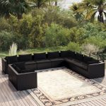 Set mobilier de grădină cu perne, 10 piese, negru, poliratan