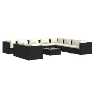 Set mobilier de grădină cu perne, 11 piese, negru, poliratan