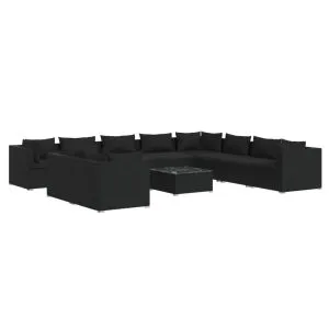 Set mobilier de grădină cu perne, 11 piese, negru, poliratan