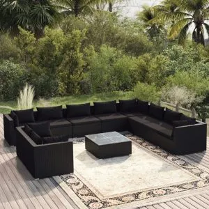 Set mobilier de grădină cu perne, 11 piese, negru, poliratan