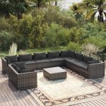 Set mobilier de grădină cu perne, 11 piese, gri, poliratan