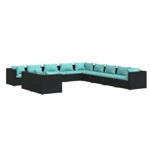 Set mobilier de grădină cu perne, 11 piese, negru, poliratan