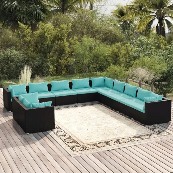 Set mobilier de grădină cu perne, 11 piese, negru, poliratan