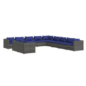 Set mobilier de grădină cu perne, 11 piese, gri, poliratan