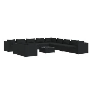 Set mobilier de grădină cu perne, 12 piese, negru, poliratan