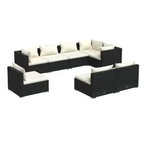 Set mobilier de grădină cu perne, 8 piese, negru, poliratan