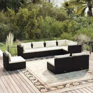Set mobilier de grădină cu perne, 8 piese, negru, poliratan