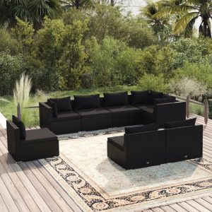 Set mobilier de grădină cu perne, 8 piese, negru, poliratan