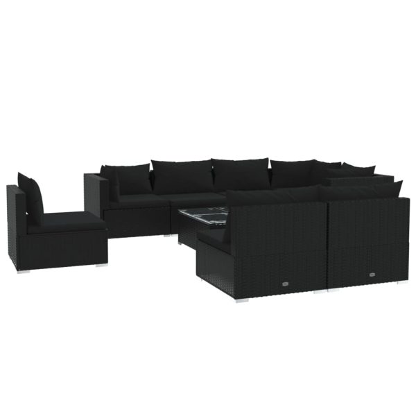Set mobilier de grădină cu perne, 9 piese, negru, poliratan