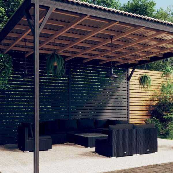 Set mobilier de grădină cu perne, 9 piese, negru, poliratan