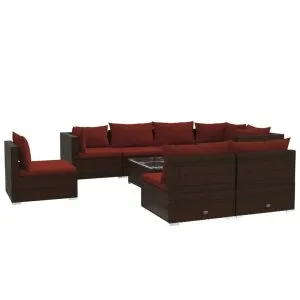 Set mobilier de grădină cu perne, 9 piese, maro, poliratan