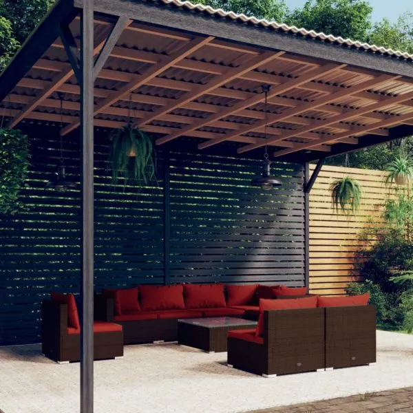 Set mobilier de grădină cu perne, 9 piese, maro, poliratan