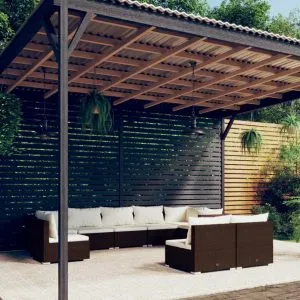 Set mobilier de grădină cu perne, 9 piese, maro, poliratan