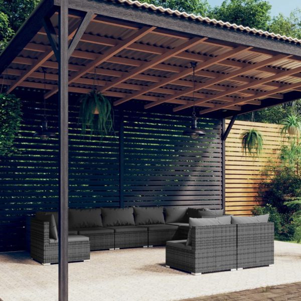 Set mobilier de grădină cu perne, 9 piese, gri, poliratan