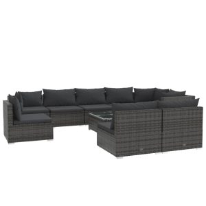 Set mobilier de grădină cu perne, 10 piese, gri, poliratan