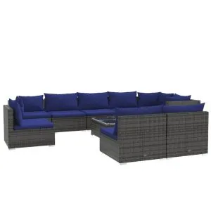 Set mobilier de grădină cu perne, 10 piese, gri, poliratan