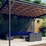 Set mobilier de grădină cu perne, 10 piese, gri, poliratan