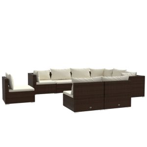 Set mobilier de grădină cu perne, 9 piese, maro, poliratan